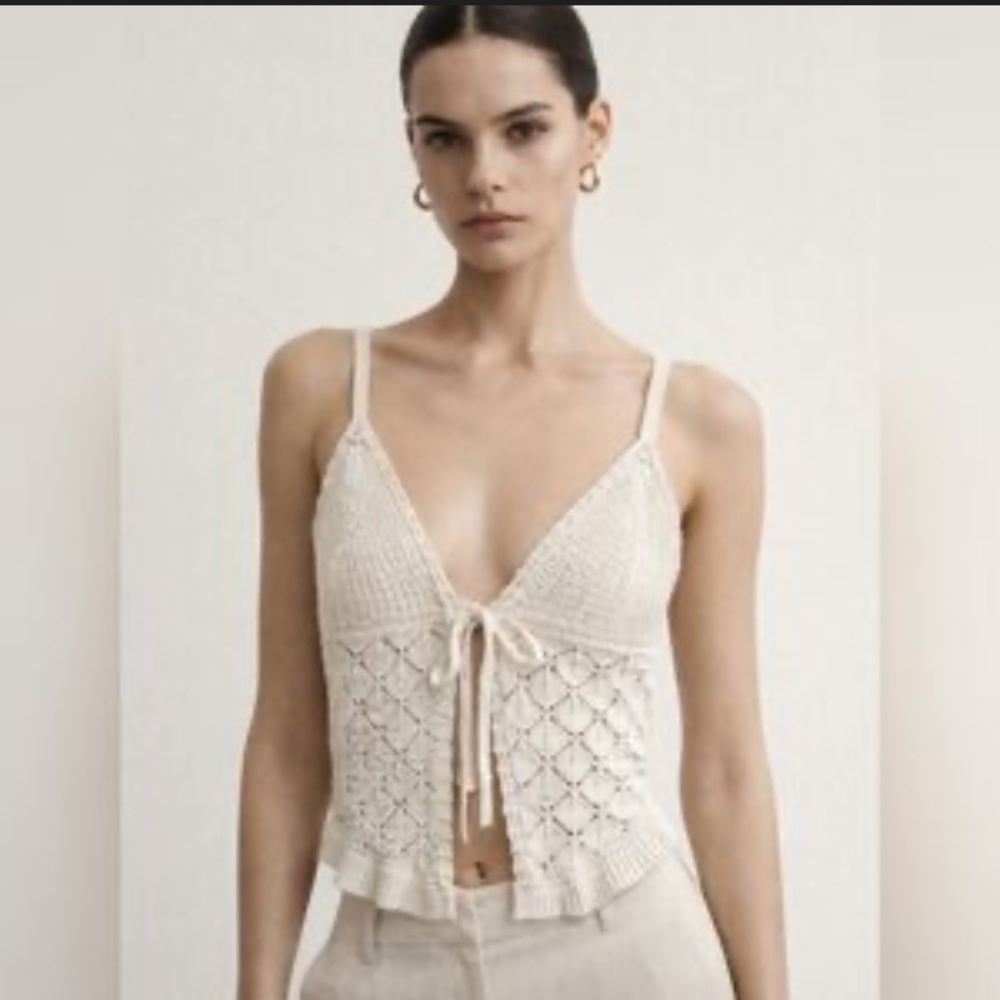 Olive & Oak Cream Crochet Tie-Front Crop Top Open Knit Crochet Boho